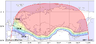 Зона покрытия Телекарты со спутника Express 80 в позиции 80.0°E