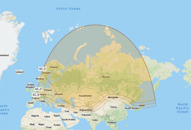 Зона облучения спутника Express 80 at 80.0°E в Ku-диапазоне 