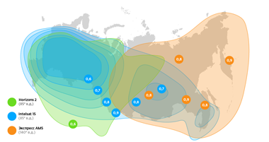 Зоны облучения Экспресс АМ5 at 140.0°E и Horizons 2 & Intelsat 15 at 85.0°E