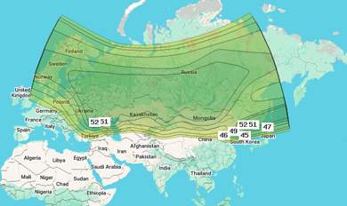 Зона облучения сигналов Триколор со спутника ABS 2/2A (75.0°E)
