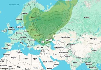 Зона покрытия (вещания) Триколор со спутника «Экспресс–АМУ1»(36 в. д.)
